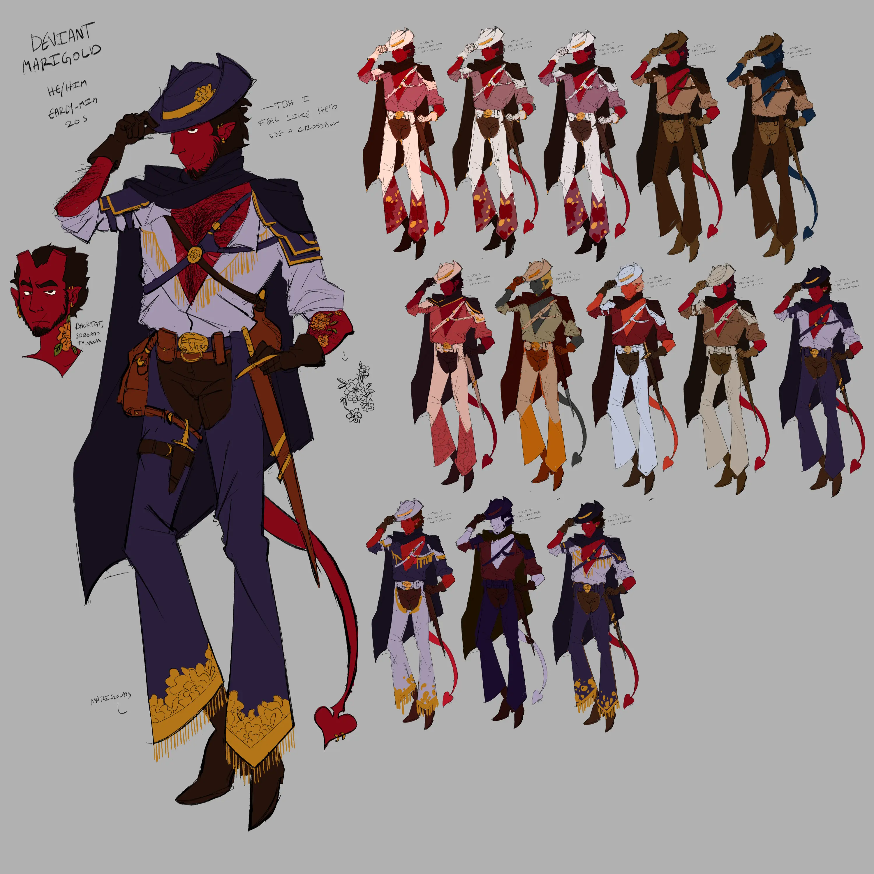 Color concepts for Deviant, a charming, misanthropic, bounty hunter